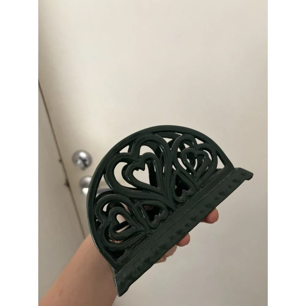 Vintage Green Ornate Cast Iron Napkin Holder Hearts Heavy Metal Valentine’s Day